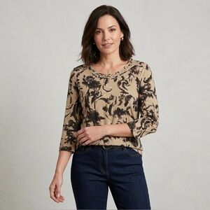 croft & barrow Beige and Black Floral Long Sleeve Top